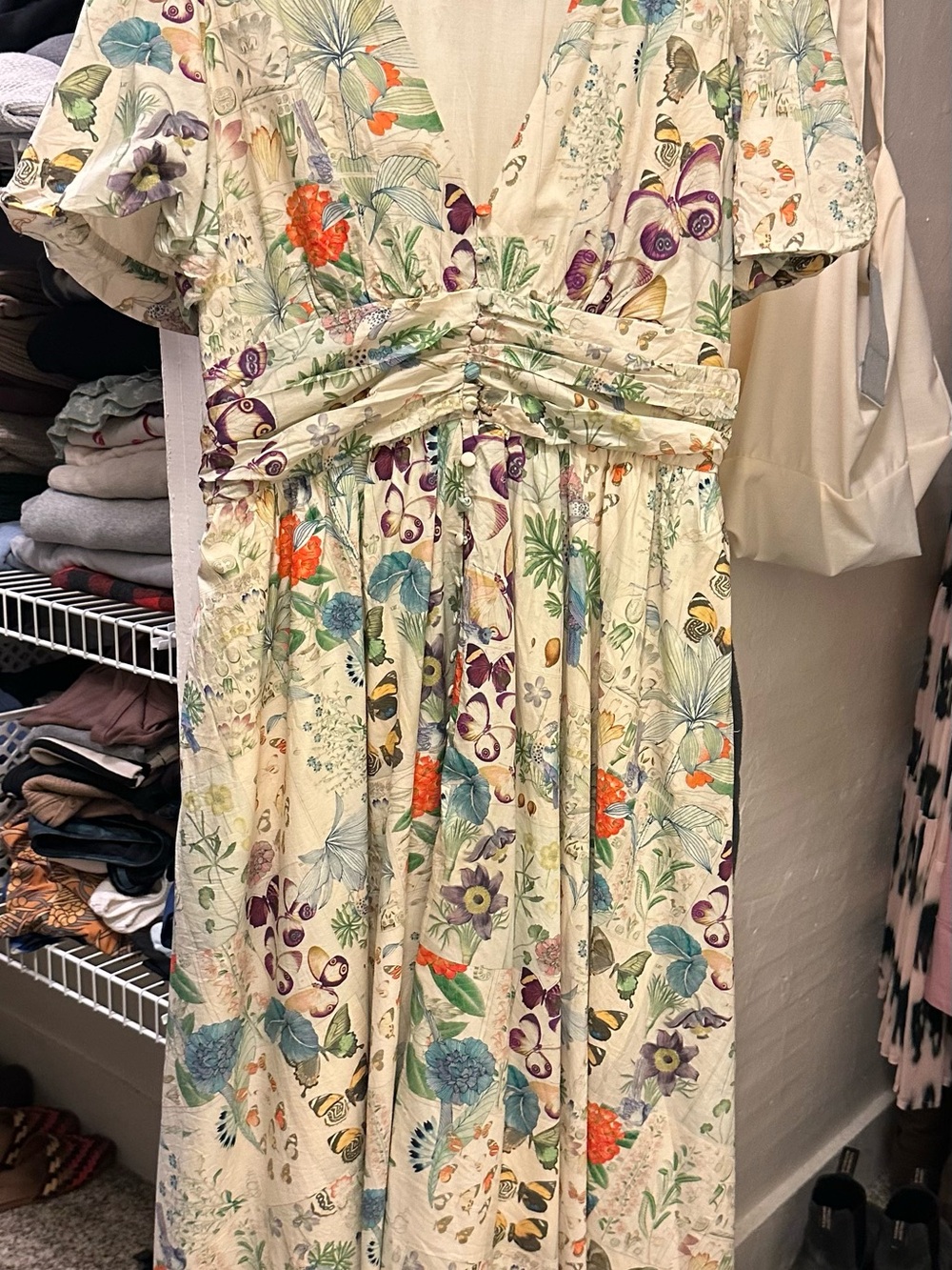 Anthropologie Cream Floral Maxi Dress with Multicolor Botanical Print